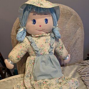 vtg 70's Cuddle Wit soft stuff girl's rag doll blue floral multi dress 30in tall
